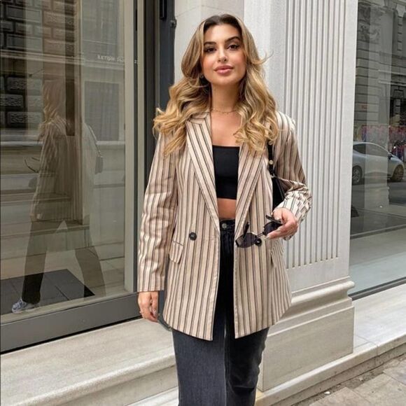 ZARA Oversized Blazer Striped Neutrals Double Breasted - Picture 2 of 7